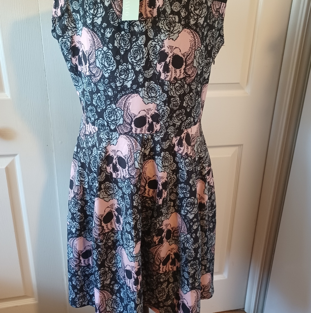 Pink and Black Skull Goth Print Fit & Flair Dress L - Picture 2 of 4
